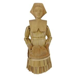 Corn Husk Pilgrim Woman Decor Folk Art Thanksgiving Fall Hand Carved Wood